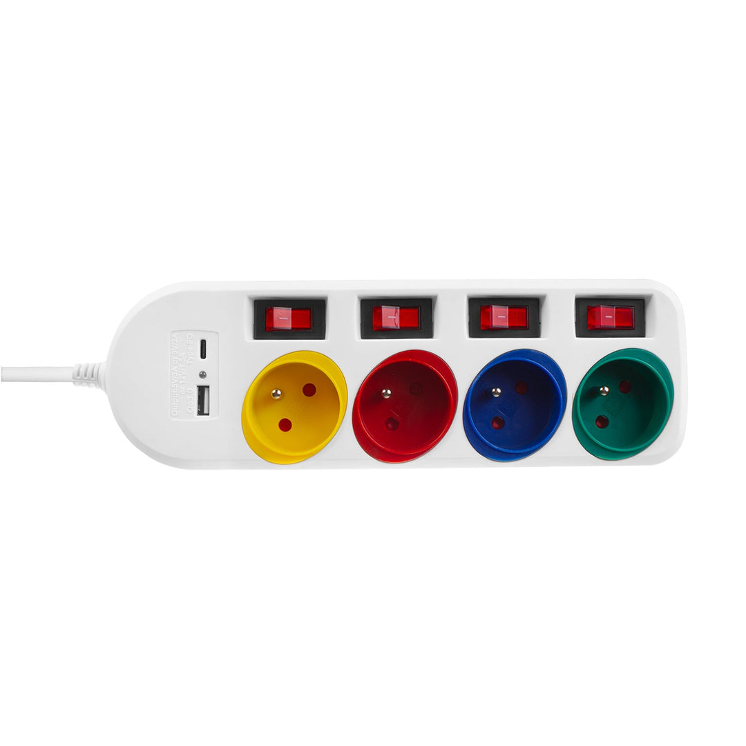 Maclean produžni kabel s 4 utičnice + USB A/C, s prekidačima, 250VAC/10A, 1,5 m, bijeli, MCE508 W