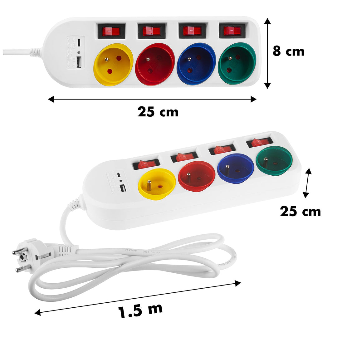 Maclean produžni kabel s 4 utičnice + USB A/C, s prekidačima, 250VAC/10A, 1,5 m, bijeli, MCE508 W