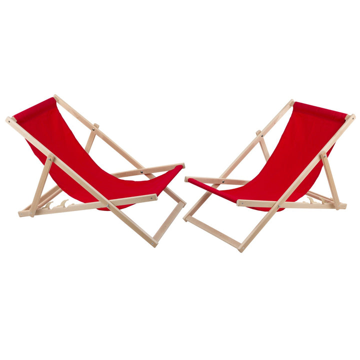 2 udobne drvene ležaljke, crvene, idealne za plažu, balkon ili terasu