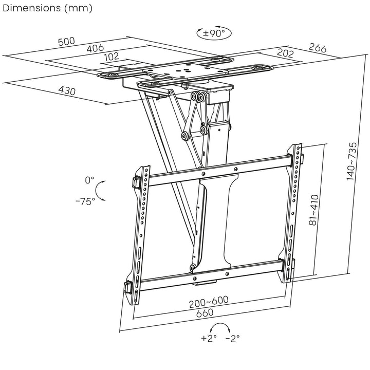 Maclean električni stropni nosač za TV, podrška za TUYA, max. VESA 600×400, 90° rotacija, daljinski upravljač, 32"–75", 35 kg, MC-490