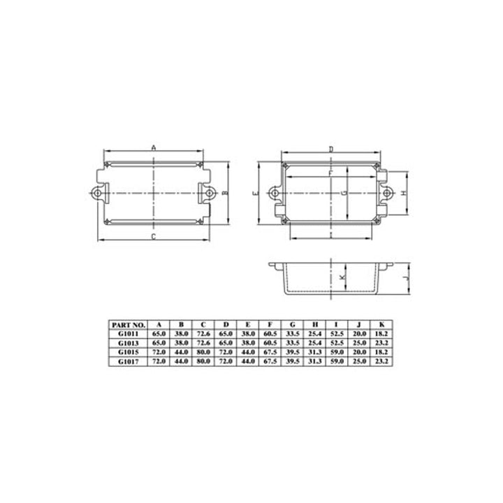 Crno kućište s ventilacijskim otvorima, 65x38x25 mm