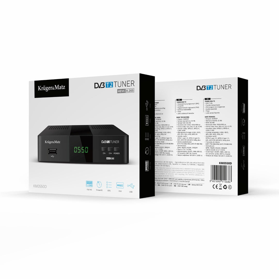 KM0550D DVB-T2 tuner i dekoder s H.265 HEVC, EPG, PVR i Timeshift – Kruger&amp;Matz