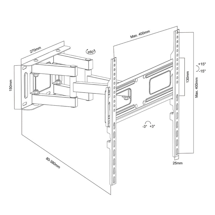 Maclean TV nosač, max. VESA 400x400, 32-75", 50 kg, podešavanje kuteva u vertikalnom i horizontalnom smjeru, profil 80-380 mm, crna, MC-788