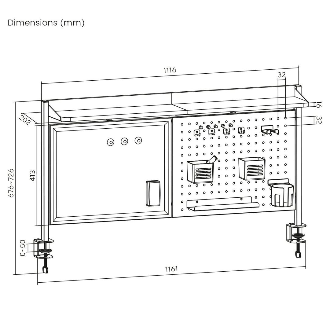 Ergo uredski pregradni organizator za stol, maksimalno opterećenje 10 kg, bijela ploča, širina 1116 mm, crna, ER-301 B
