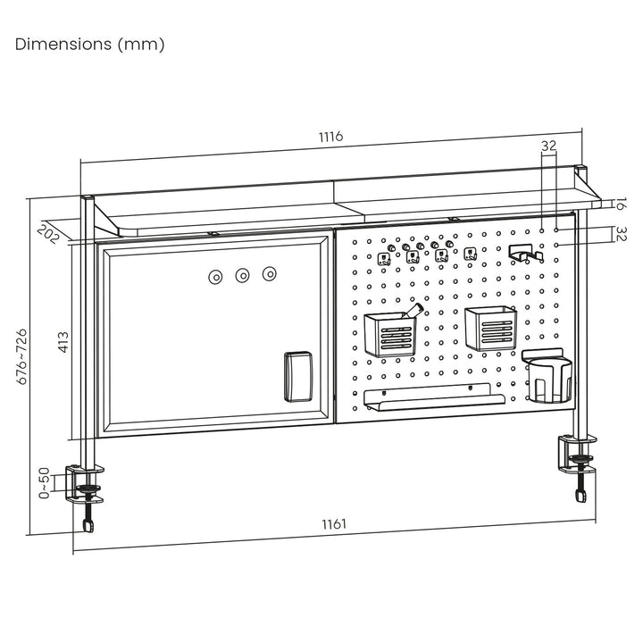 Ergo uredski pregradni organizator za stol, maksimalno opterećenje 10 kg, bijela ploča, širina 1116 mm, crna, ER-301 B