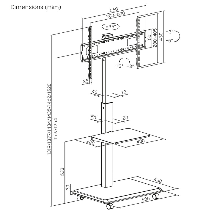 Ergo-Office TV stalak/kolica, maksimalno opterećenje 50 kg/5 kg po polici, maksimalna VESA 600×400, ugrađena razdjelnica za struju, crna, ER-304 B