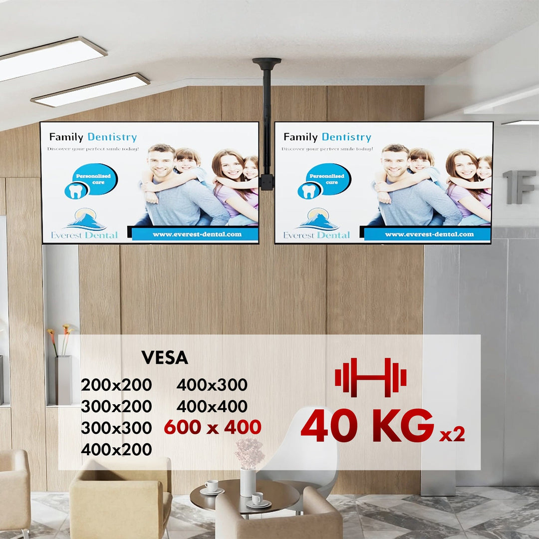 Stropni nosač za dva Maclean televizora, maksimalno opterećenje 2x40 kg, 34–60", maksimalna VESA 600×400, MC-111 B