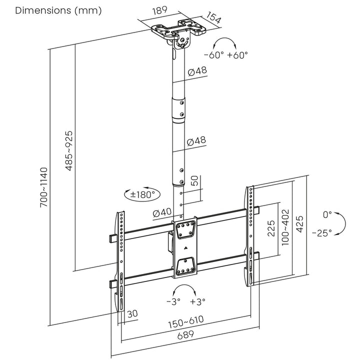 Maclean stropni nosač za TV, maksimalno opterećenje 60 kg, 43–86", maksimalna VESA 600×400, MC-112 B