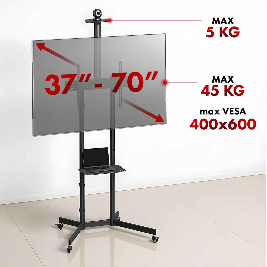 Maclean TV stalak/kolica, polica za kameru, na kotačima, 37–70", max. nosivost 45 kg/5 kg po polici, max. VESA 600×400, MC-113 B