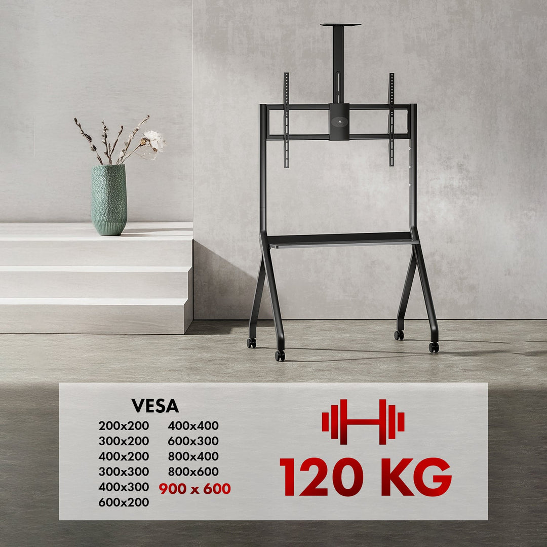 Maclean TV stalak/kolica, polica za kameru, na kotačima, 55-100", max. nosivost 120 kg/10 kg police, max. VESA 900x600, crna, MC-114 B
