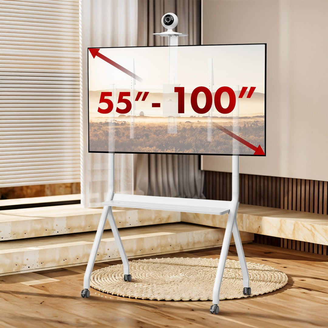 Maclean TV stalak/kolica, polica za kameru, na kotačima, 55-100", max. nosivost 120 kg/10 kg polica, max. VESA 900x600, bijela, MC-114 W