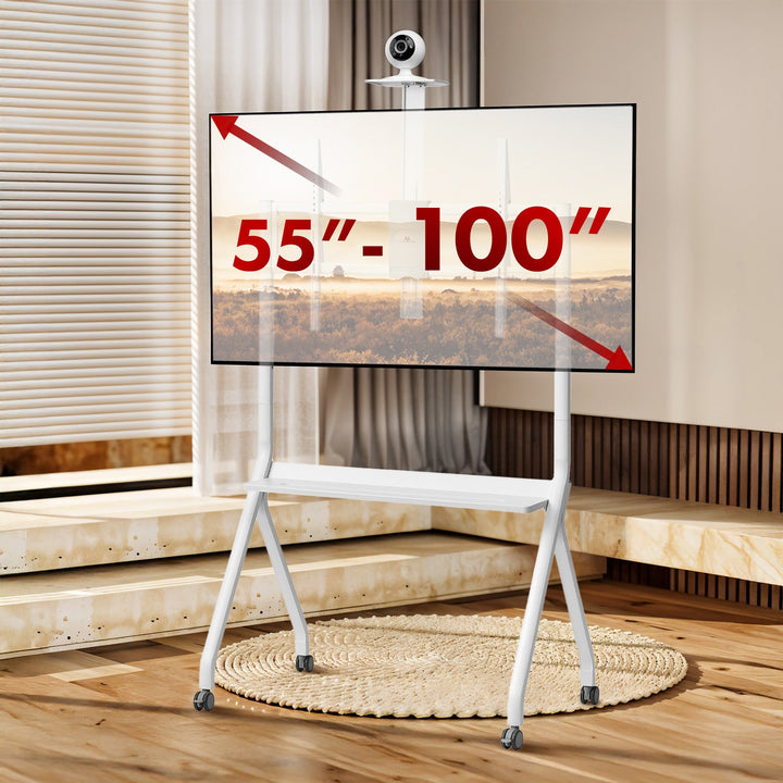 Maclean TV stalak/kolica, polica za kameru, na kotačima, 55-100", max. nosivost 120 kg/10 kg polica, max. VESA 900x600, bijela, MC-114 W