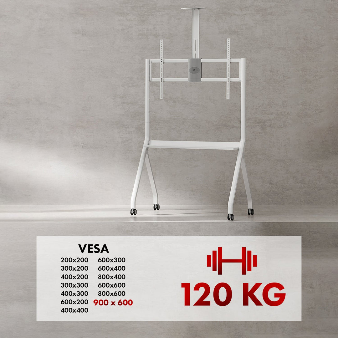 Maclean TV stalak/kolica, polica za kameru, na kotačima, 55-100", max. nosivost 120 kg/10 kg polica, max. VESA 900x600, bijela, MC-114 W
