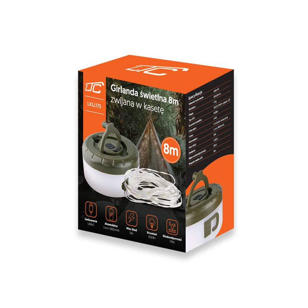 LTC svjetlosna girlanda namotana u kasetu, 8 m, SMD 30, 5 W, 500 lm, 3000 K, 1800 mAh baterija, USB-C, IP54