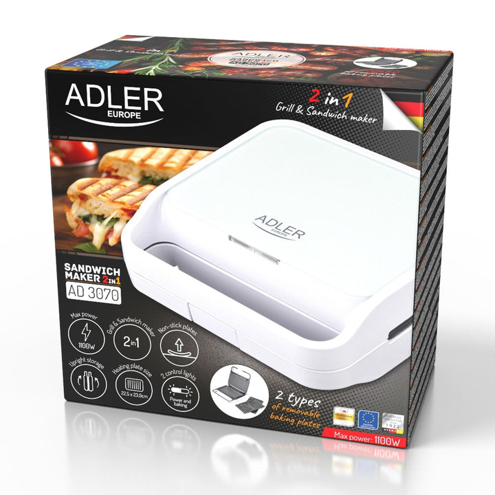 Adler aparat za sendviče, kontaktni grill, 1100 W, bijeli, AD 3070