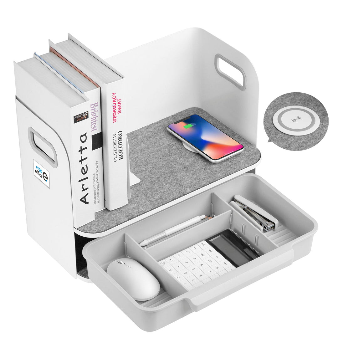 Ergo organizator za stol u uredu s ladicom i bežičnim punjačem, bijeli, max. 10 kg, ER-441 + organizator ispod stola za uredski pribor do 5 kg, ER-442