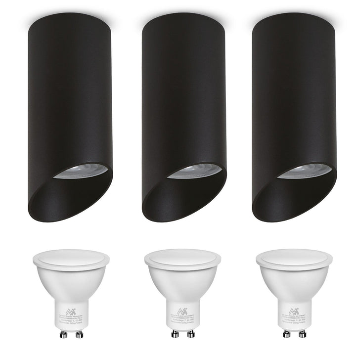 Set 3 spoturi tubulare Maclean, suprafață/tub, rotund, aluminiu, GU10, 55x130mm, culoare neagră, MCE360 B + 3 becuri LED GU10 7W Maclean Energy MCE437 NW alb neutru 4000K, 220-240V~, 50/60Hz