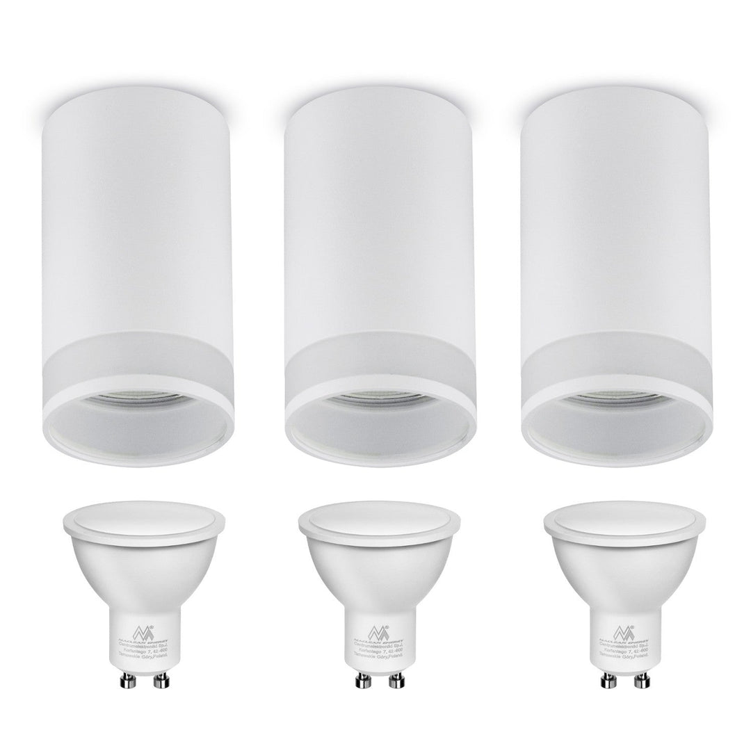 Uređaj za površinsku montažu / Maclean cijev, reflektor, okrugli, aluminij, GU10, 55x130 mm, bijeli, MCE361 W 3 kom. + GU10 7 W LED žarulja Maclean Energy MCE437 WW topla bijela 3000 K, 220-240V~, 50/60Hz 3 komada