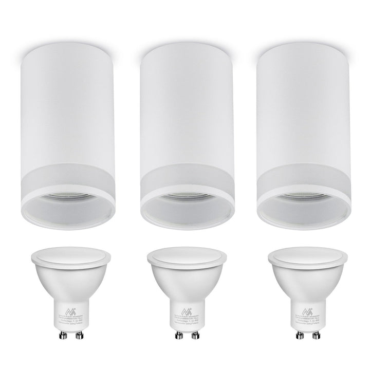 Set 3x spoturi tubulare Maclean, de suprafață/tub, rotund, aluminiu, GU10, 55x130mm, alb, MCE361 W + 3 becuri LED GU10 7W Maclean Energy MCE437 NW alb neutru 4000K, 220-240V~, 50/60Hz