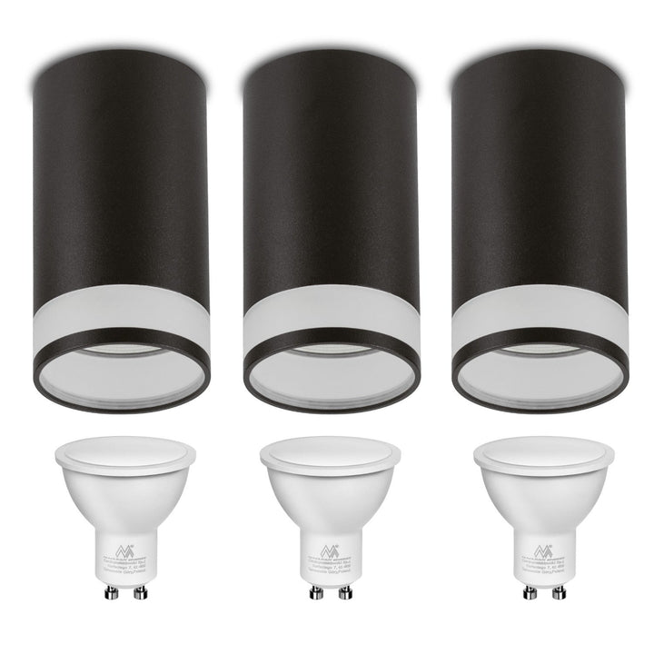 Ugradbena rasvjetna armatura / Maclean cijev, reflektor, okrugla, aluminijska, GU10, 55x130 mm, crna, MCE361 B 3 kom. + GU10 7 W LED žarulja Maclean Energy MCE437 WW topla bijela 3000 K, 220-240V~, 50/60Hz, 490 lm, 3 komada