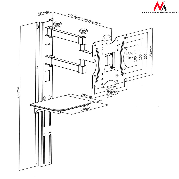 Montaža za TV s DVD policom Maclean, VESA 200×200, 23″–42″, 30 kg, MC-771+HDMI 2.0 4K 3D UHD, kabel duljine 1,8 m, bakarni, 48-bitni