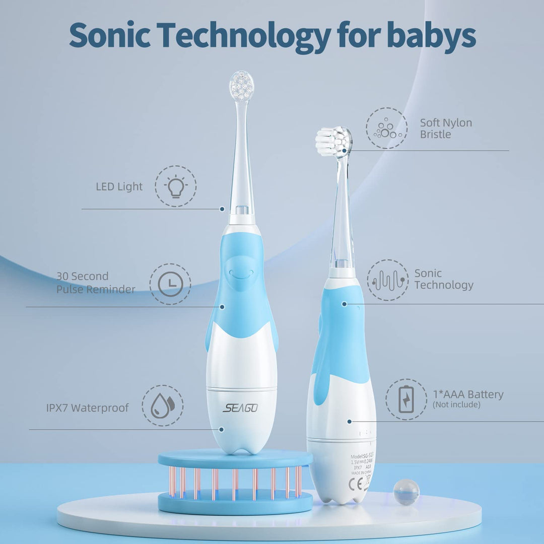 Periuța de dinți sonica pentru copii Seago, culoare albastră, 1xAA 1.5V (neinclusa), 4 rezerve, SG-513 Albastru + Set de 4 rezerve suplimentare, SG-977, culoare transparentă, SG-513 Refill