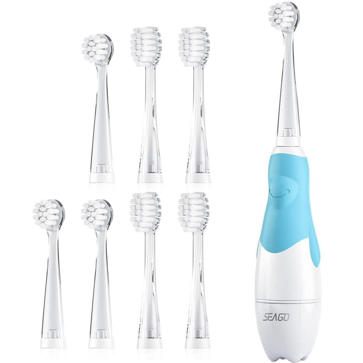Periuța de dinți sonica pentru copii Seago, culoare albastră, 1xAA 1.5V (neinclusa), 4 rezerve, SG-513 Albastru + Set de 4 rezerve suplimentare, SG-977, culoare transparentă, SG-513 Refill