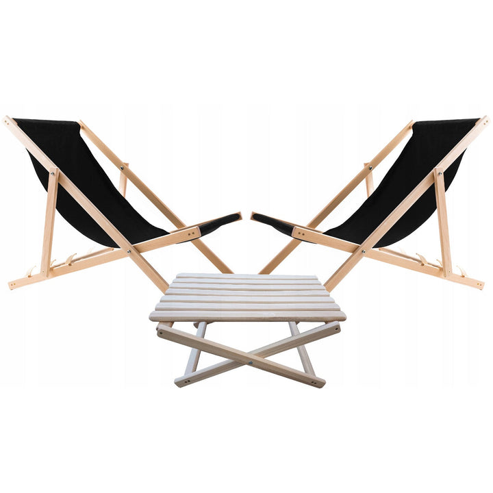 Set od 2 ležaljke za plažu, crne + Woodok drveni stolić za kavu