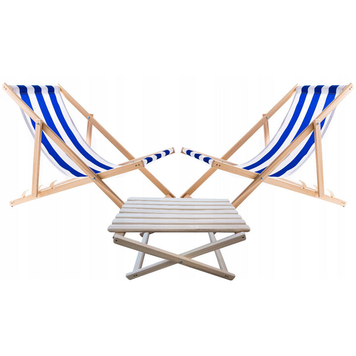Set od 2 ležaljke za plažu, plave pruge + Woodok drveni stolić za kavu