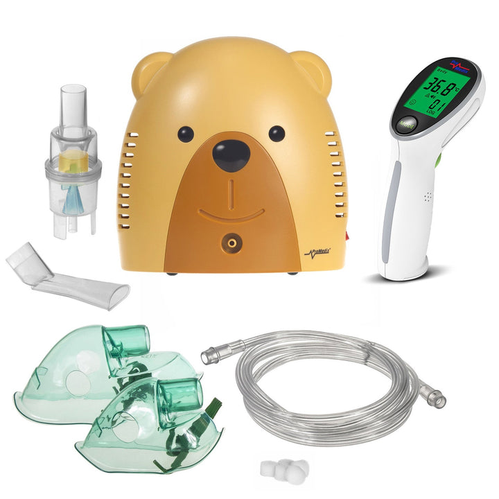 Promedix inhalator za djecu, medvjedić, nebulizatorski set, maske, filtri, PR-811 + Promedix PR-960 nekontaktni infracrveni medicinski termometar