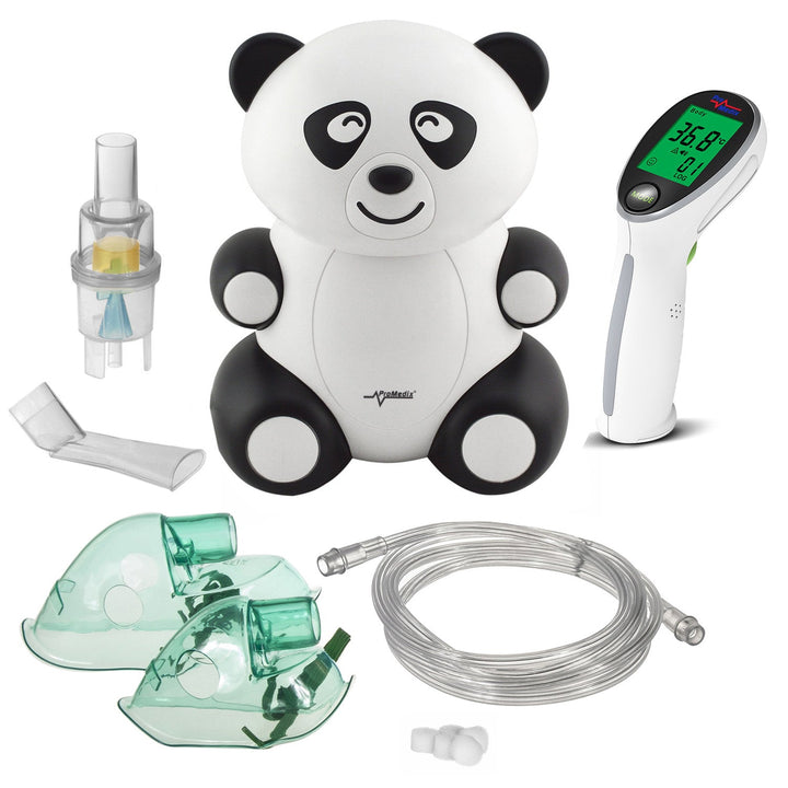 Promedix PR-812 panda inhalator za djecu, nebulizacijski set, maske, filtri + Promedix PR-960 nekontaktni infracrveni medicinski termometar
