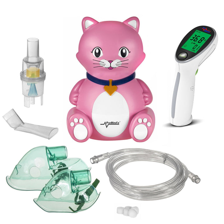 Promedix inhalator za djecu za mačke, nebulizatorski set, maske, filtri, PR-816 + Promedix PR-960 nekontaktni infracrveni medicinski termometar
