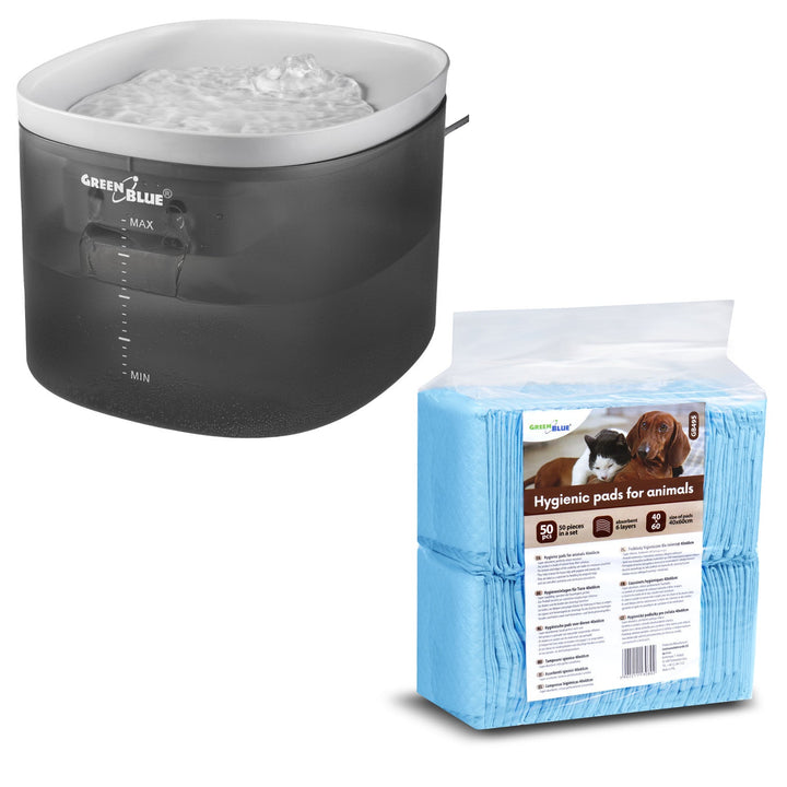 GreenBlue automatski aparat za vodu/posuda za piće za životinje, 3 L, USB 5 V 1 A, GB392 + GreenBlue higijenske podloge/prostirke za pse/mačke, za trening toaleta, 60 x 40 cm, 50 komada, GB495