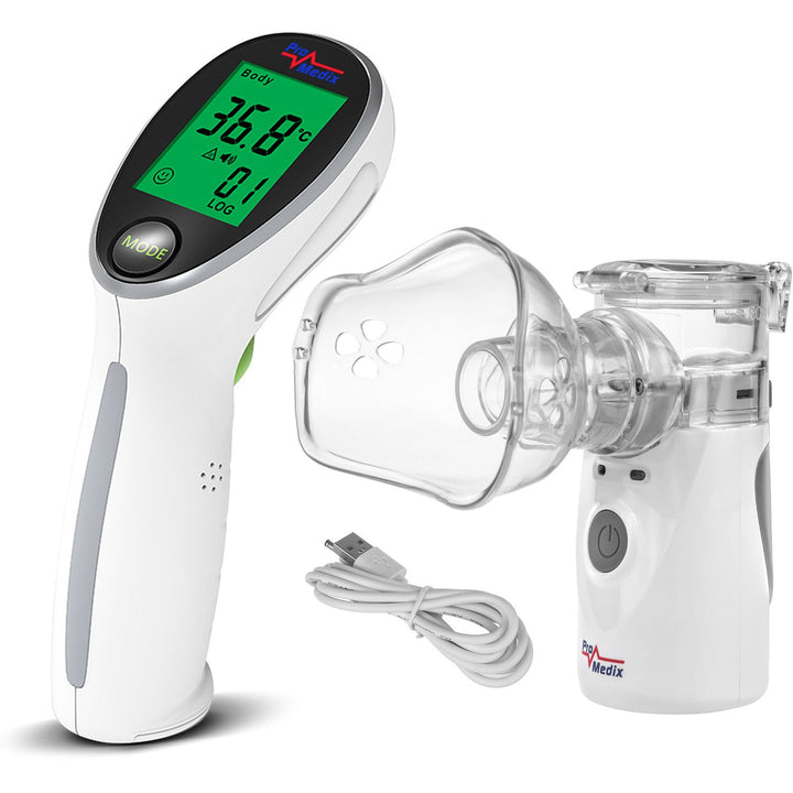 Promedix prijenosni/ručni bežični nebulizator-inhalator, set, maske, PR-835 + Promedix PR-960 nekontaktni infracrveni medicinski termometar