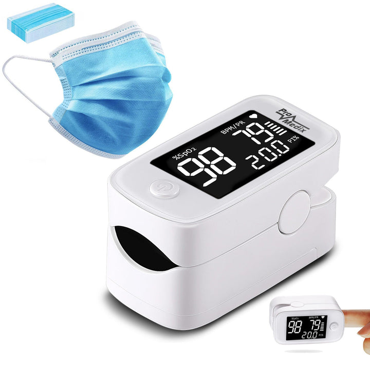 Promedix PR-870 1,5" HD LED pulsni oksimetar za prst medicinski pulsni oksimetar + 2x CE EN 14683:2019 medicinske maske – set – plava boja, 10 komada Promedix PR-280 BFE>98%