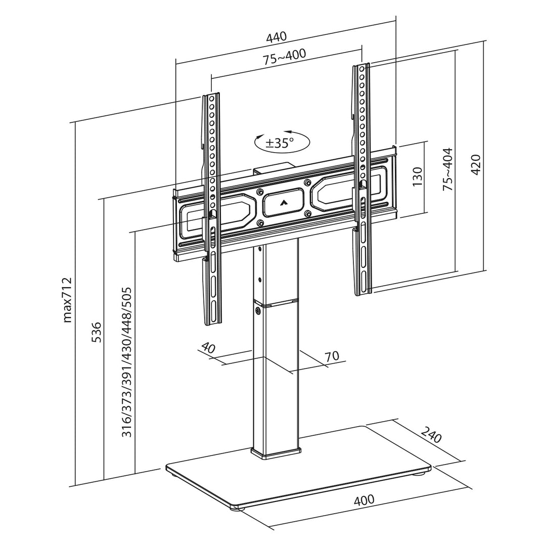 Maclean univerzalni TV stalak, za TV ormarić, stalak, max. 40 kg, max. VESA 400x400, podešavanje visine i kuta, za TV od 32 do 65", MC-1240