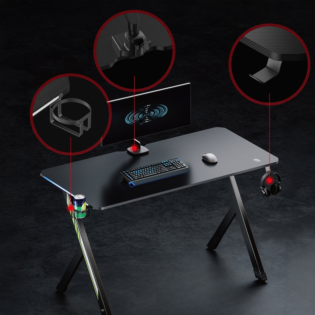 NanoRS gaming stol, crni, s držačem za slušalice i čašu, RGB pozadinsko osvjetljenje, max. 75 kg, dimenzije 1200 x 600 x 750 mm, RS102