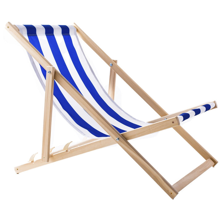 2 udobne drvene ležaljke s plavim prugama, idealne za plažu, balkon, terasu, sastavljene