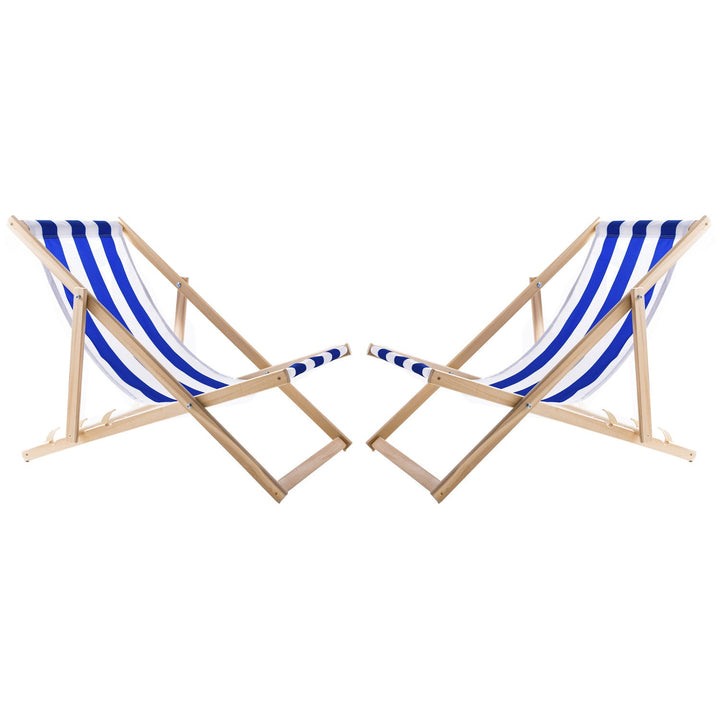 2 udobne drvene ležaljke s plavim prugama, idealne za plažu, balkon, terasu, sastavljene