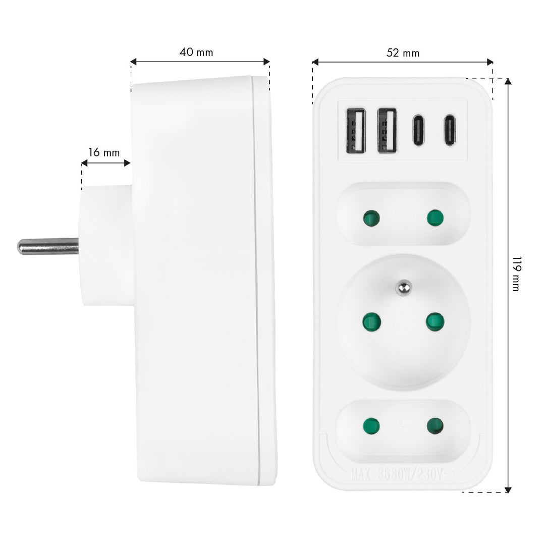 Maclean x3 utičnica + 4xUSB, razdjelnik s 3 utičnice, 2xUSB A, 2xUSB C PD 20W, 1x16A + 2x6A, MCE248 F/W