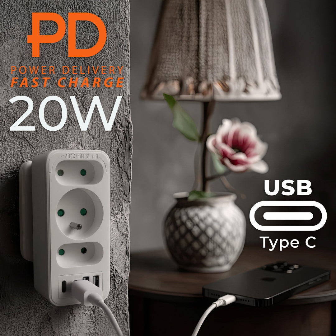 Maclean x3 utičnica + 4xUSB, razdjelnik s 3 utičnice, 2xUSB A, 2xUSB C PD 20W, 1x16A + 2x6A, MCE248 F/W