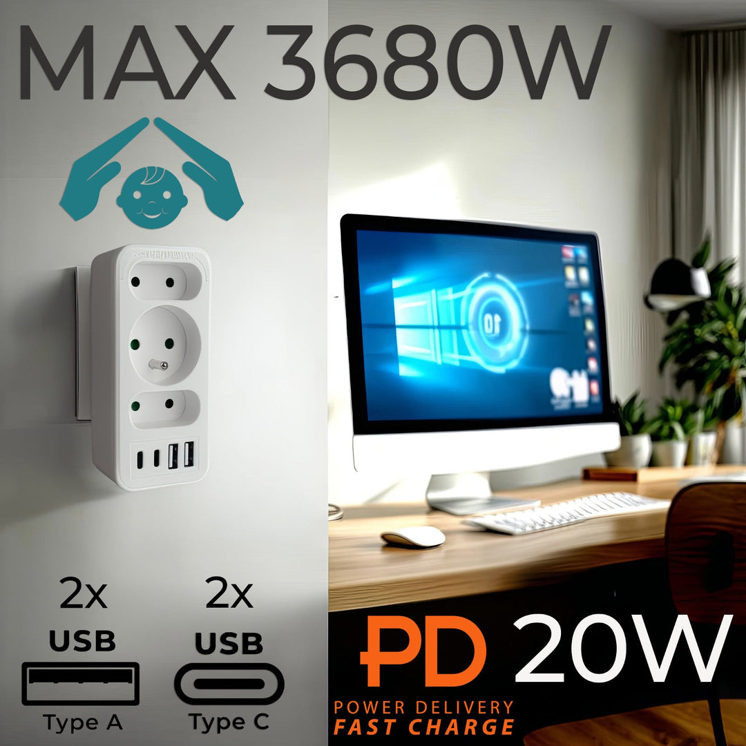 Maclean x3 utičnica + 4xUSB, razdjelnik s 3 utičnice, 2xUSB A, 2xUSB C PD 20W, 1x16A + 2x6A, MCE248 F/W