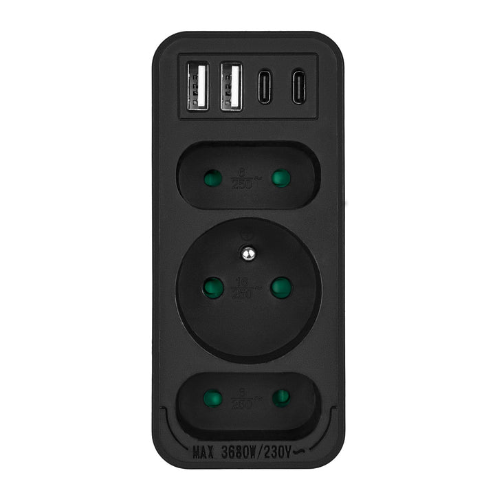 Maclean električna utičnica x3 + 4xUSB, razdjelnik s 3 utičnice, 2xUSB A, 2xUSB C PD 20W, 1x16A + 2x6A, MCE248 F/B
