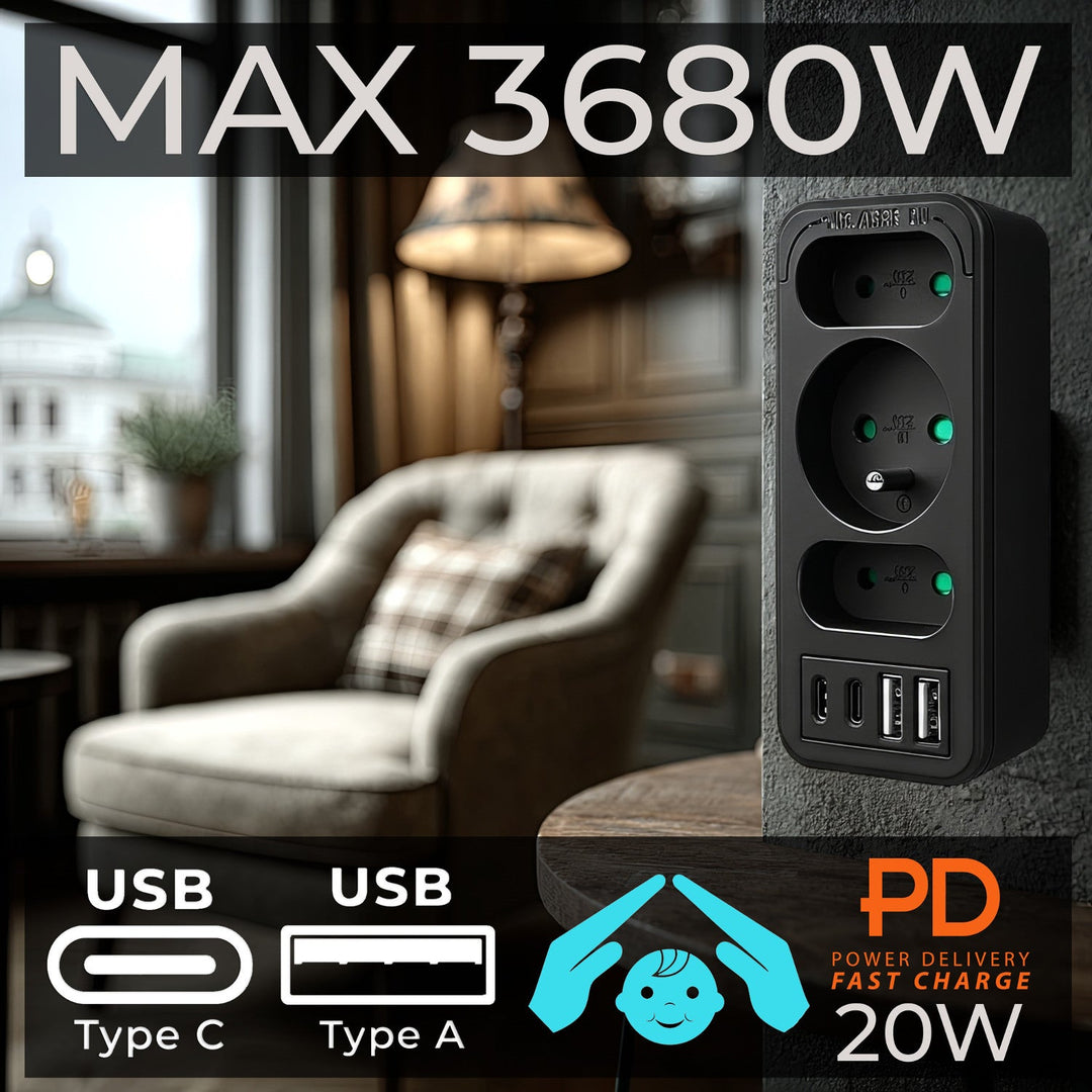 Maclean električna utičnica x3 + 4xUSB, razdjelnik s 3 utičnice, 2xUSB A, 2xUSB C PD 20W, 1x16A + 2x6A, MCE248 F/B