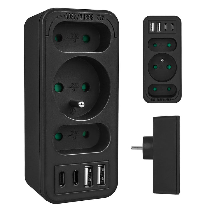 Maclean električna utičnica x3 + 4xUSB, razdjelnik s 3 utičnice, 2xUSB A, 2xUSB C PD 20W, 1x16A + 2x6A, MCE248 F/B