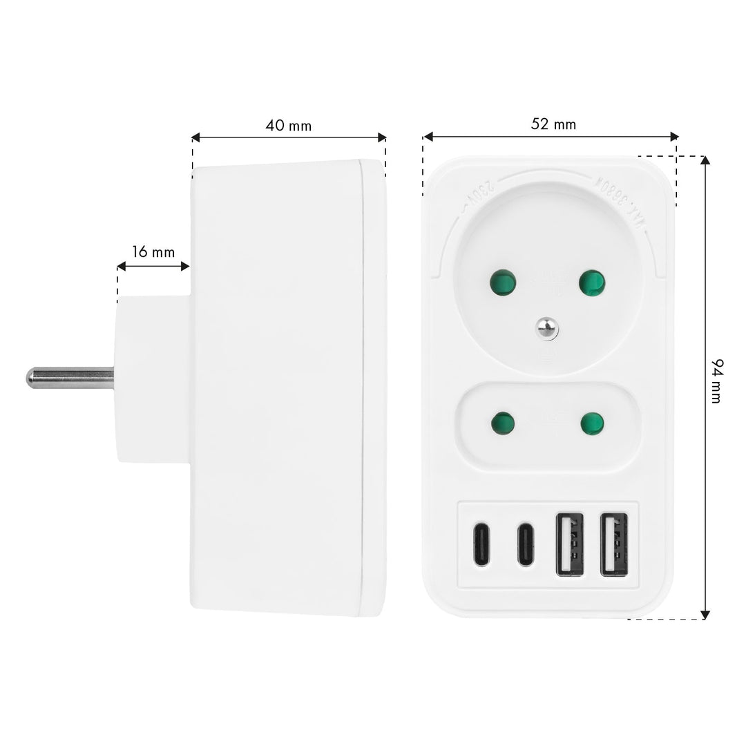 Maclean x2 utičnica s pojačanjem + 4xUSB, razdjelnik s 2 utičnice, 2xUSB A, 2xUSB C PD 20W, 1x16A + 1x6A, MCE249 F/W