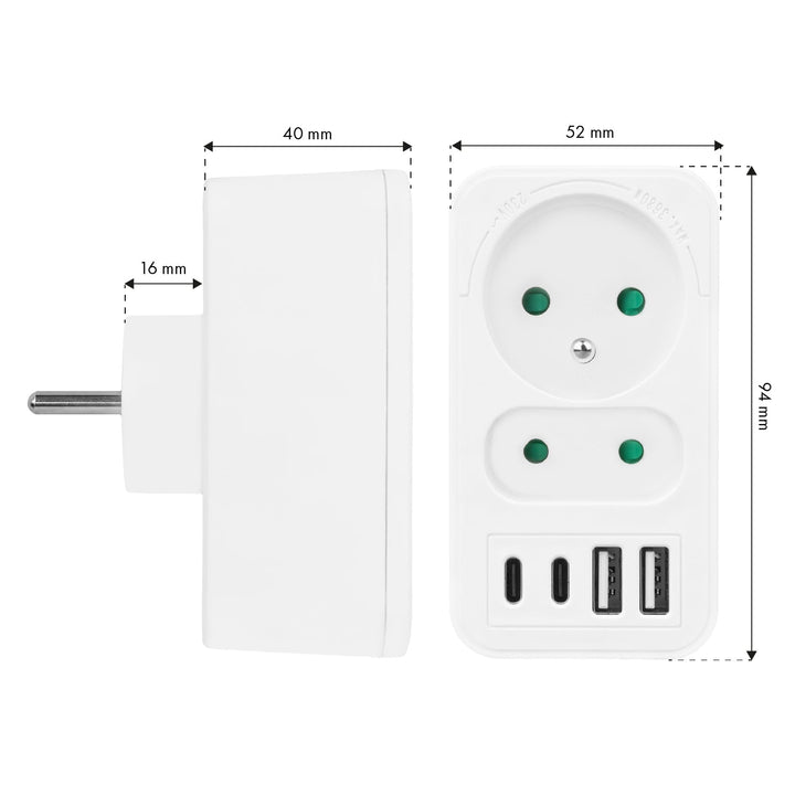 Maclean x2 utičnica s pojačanjem + 4xUSB, razdjelnik s 2 utičnice, 2xUSB A, 2xUSB C PD 20W, 1x16A + 1x6A, MCE249 F/W
