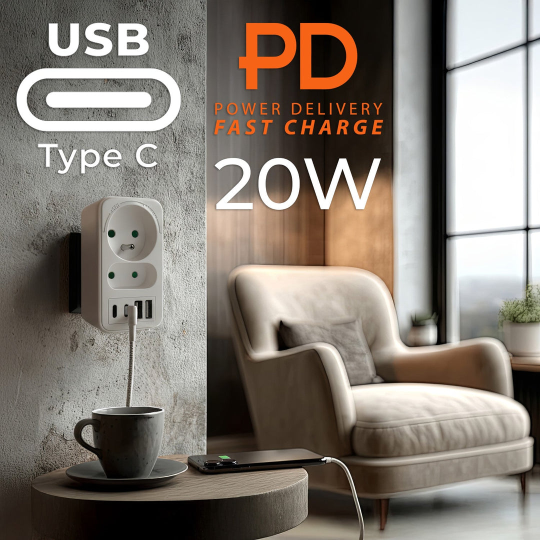 Maclean x2 utičnica s pojačanjem + 4xUSB, razdjelnik s 2 utičnice, 2xUSB A, 2xUSB C PD 20W, 1x16A + 1x6A, MCE249 F/W