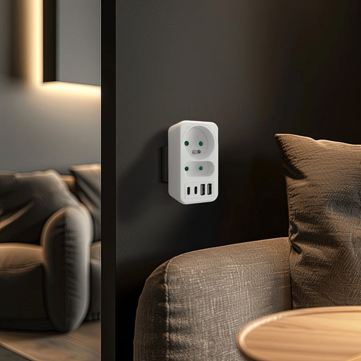 Maclean x2 utičnica s pojačanjem + 4xUSB, razdjelnik s 2 utičnice, 2xUSB A, 2xUSB C PD 20W, 1x16A + 1x6A, MCE249 F/W