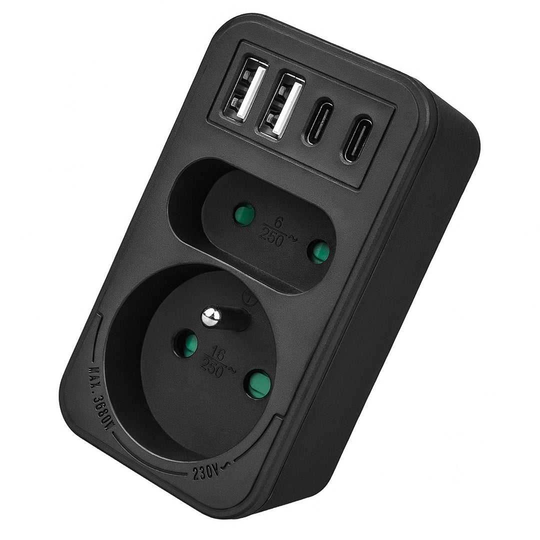 Maclean električna utičnica x2 + 4xUSB, razdjelnik s 2 utičnice, 2xUSB A, 2xUSB C PD 20W, 1x16A + 1x6A, MCE249 F/B